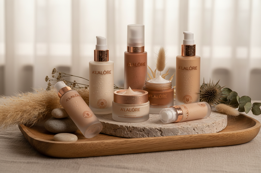 Kuru ciltler için fondöten önerileri içeren çeşitli fondöten ve kozmetik ürünleri şık düzenlemede