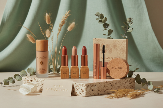 Komedojenik olmayan makyaj ürünleri arasında fondöten, rujlar, maskara ve kompakt pudra seti doğal dekor ile