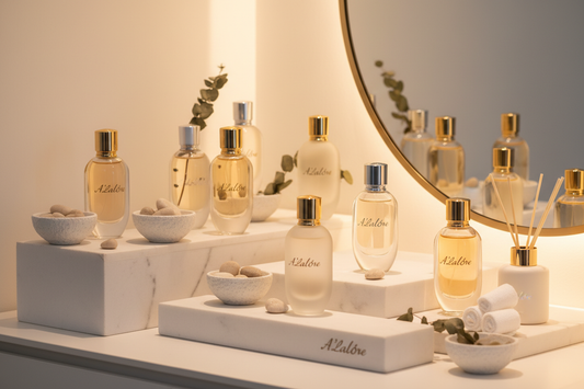 Parfum şişeleri beyaz mermer platformlarda düzenlenmiş ve ayna önünde zarif bir şekilde sergileniyor