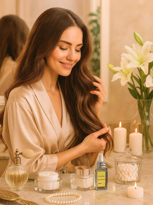 A’lalòre saç bakım serumu uygulayan kadın, banyoda mumlar ve çiçeklerle saç bakım rutini