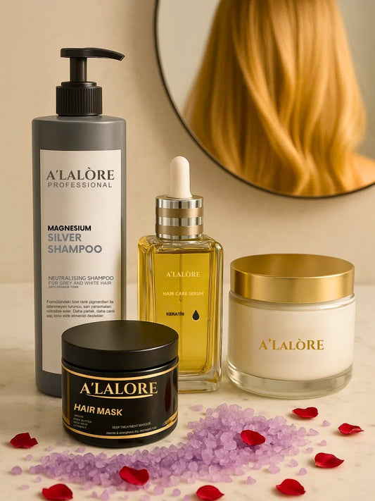 Biotin içeren saç bakım ürünleri seti şampuan saç maskesi ve serum ile sağlıklı parlak saçlar