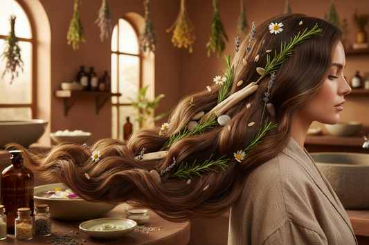 Saç neden yavaş uzar sorusuna cevap veren doğal bitkilerle süslenmiş sağlıklı uzun saçlar