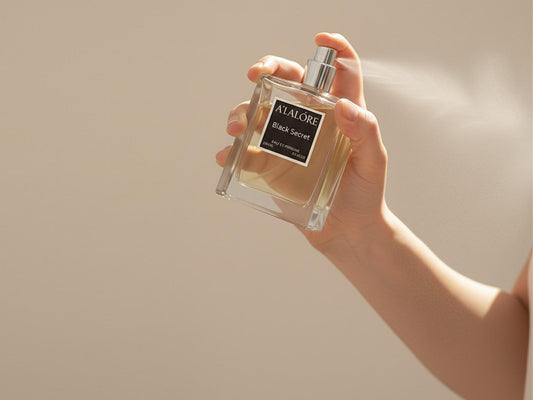 Bir el erkek parfüm şişesini sıkarak sprey şeklinde sıkıyor, nötr arka plan