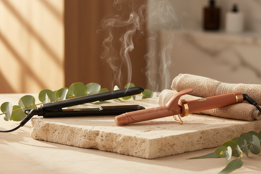 Masa üzerinde duran saç düzleştirici ve maşanın buharı ile ısıya karşı koruyucu saç ürünleri önerileri