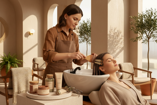 Saç boyası sonrası saç bakımı için profesyonel bir kuaförün saç yıkama ve bakım uygulaması