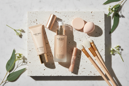 Ten makyajında doğal ipuçları için fondöten, kapatıcı, makyaj fırçaları ve süngerleri ile düzenlenmiş doğal makyaj malzemeleri