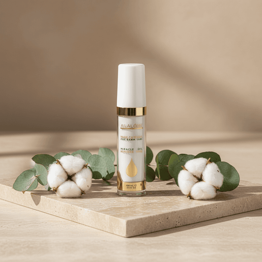 A'LALÓRE markalı saç bakım yağı beyaz şişede pamuk ve yeşil yapraklarla doğal ortamda