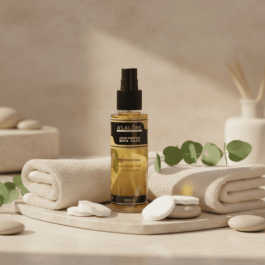 Amonyaksız boya silici sprey şişesi, temiz beyaz havlular ve makyaj pamuğu ile doğal ve profesyonel kullanım