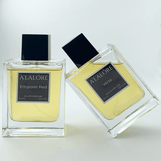 A'LALÓRE marka Emporter Red ve Verte erkek parfüm şişeleri siyah kapaklı ve şeffaf camdan