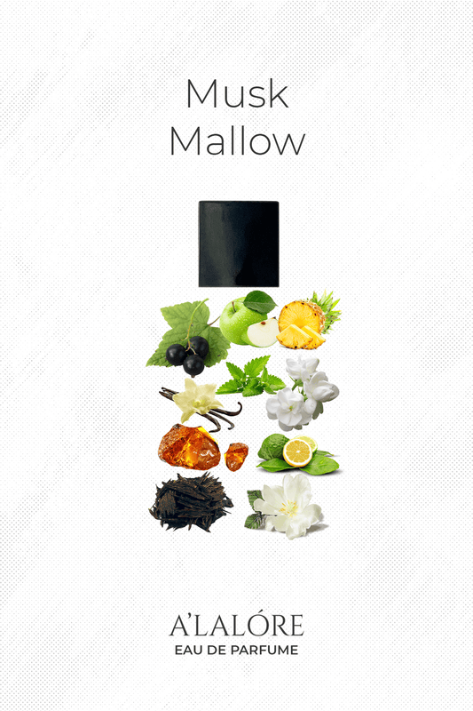 A'LALÓRE Musk Mallow erkek parfümü 100 ml şişesi ve içeriğindeki doğal meyve ve çiçekler