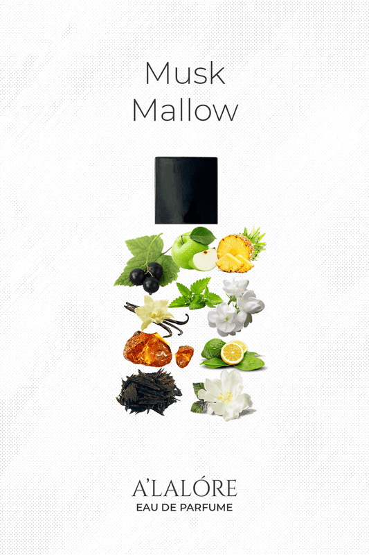 A'LALÓRE Musk Mallow erkek parfümü 100 ml şişesi ve içeriğindeki doğal meyve ve çiçekler