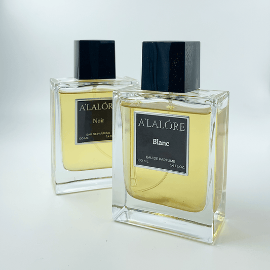 A'LALÓRE erkek parfümü 100 ml Blanc ve Noir şişeleri siyah kapaklı şeffaf cam kutuda