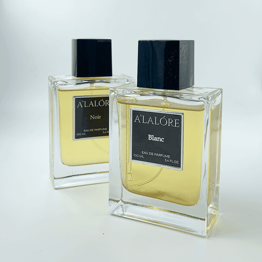 A'LALÓRE erkek parfümü 100 ml Blanc ve Noir şişeleri siyah kapaklı şeffaf cam kutuda