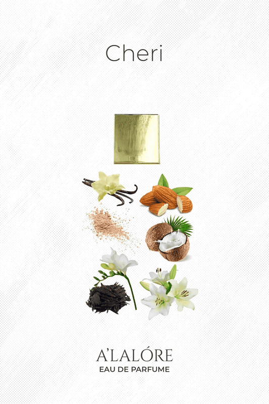 A'LALÓRE Cheri kadın parfüm şişesi ve vanilya, badem, hindistancevizi ve çiçek notaları