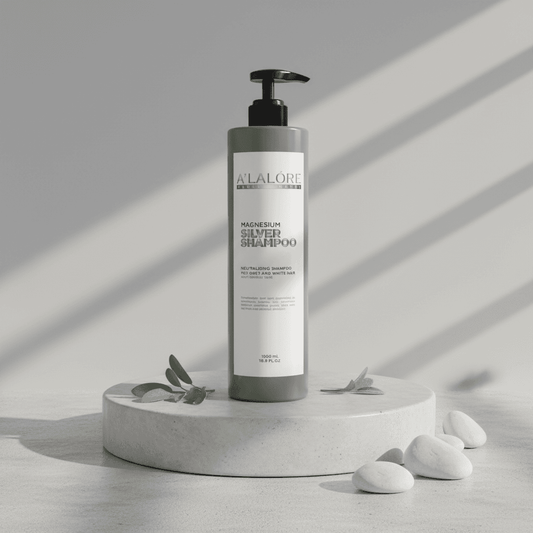 Alalore markasına ait mor şampuan şişesi beyaz ve gri platform üzerinde doğal taşlar ve yapraklarla