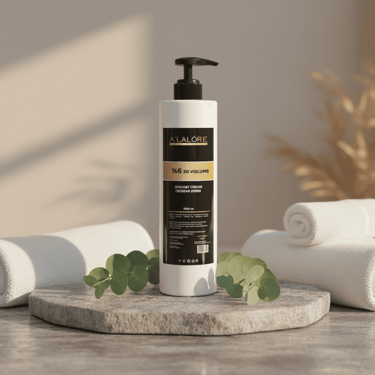 Alalore marka oksidan krem siyah ve altın renkli pompalı şişede beyaz havlular ve yeşil yapraklarla dekorlu