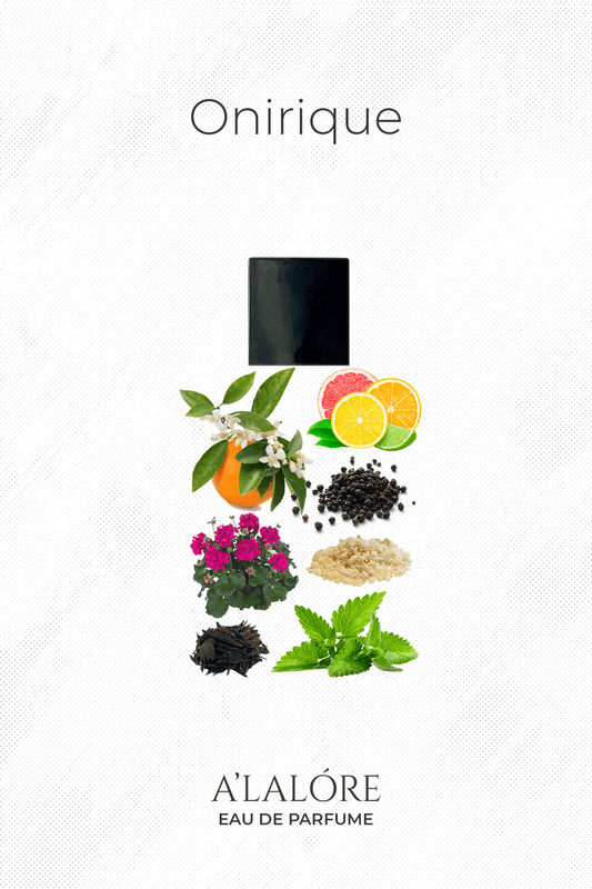 A'LALÓRE Onirique unisex parfüm şişesi ve turunçgiller, baharatlar, çiçekler ile doğal içerikler