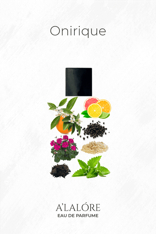 A'LALÓRE Onirique unisex parfüm şişesi ve turunçgiller, baharatlar, çiçekler ile doğal içerikler