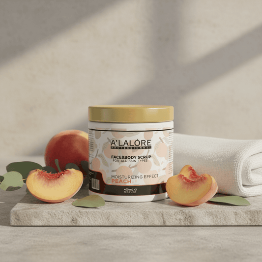 Alalore şeftali özlü scrub maske 400 ml kavanozda, taze şeftali dilimleri ve beyaz havlu ile