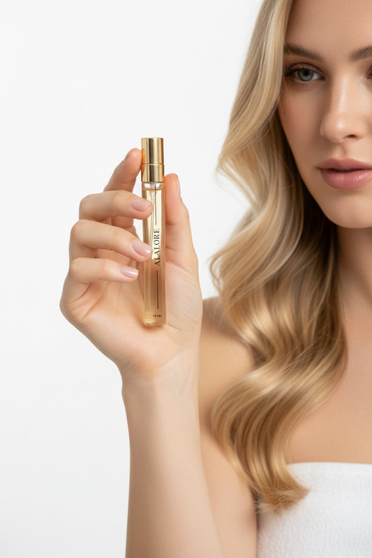 A'LALÓRE marka altın renkli şişede seyehat boy parfum tutan genç kadın