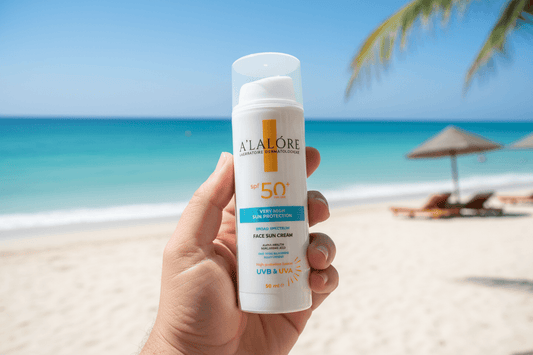 Alalore marka SPF 50+ güneş kremi beyaz şişede plaj arka planıyla elde tutulan ürün