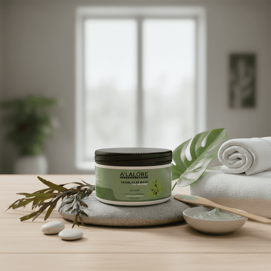 Alalore markalı yosunlu kil maskesi kavanozu, doğal yaprak ve beyaz havlularla dinlendirici spa ortamında