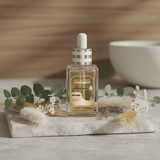 Alalore saç serumu doğal içeriklerle şeffaf damlalıklı şişede dekoratif kuru çiçeklerle birlikte