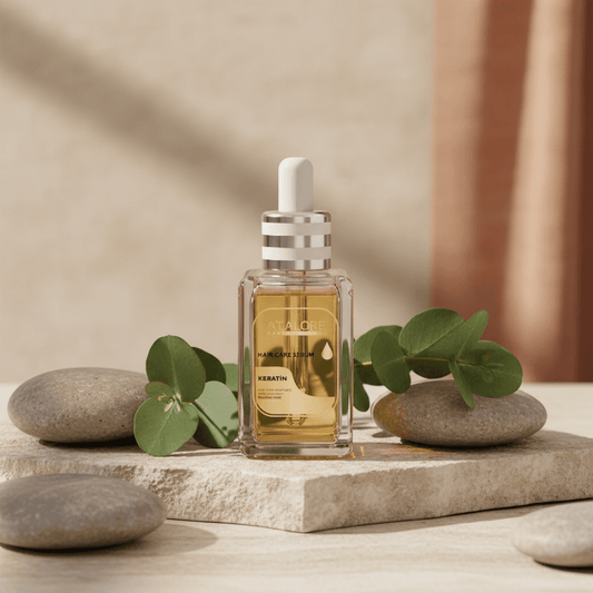 Alalore markalı doğal taşlar arasında sergilenen keratin saç serumu şişesi ve yeşil yapraklar