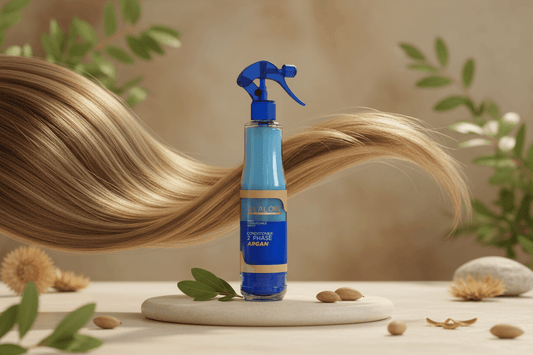 Alalore saç krem sprey şişesi önünde uzun, parlak ve sağlıklı sarı saçlar ile doğal ortam