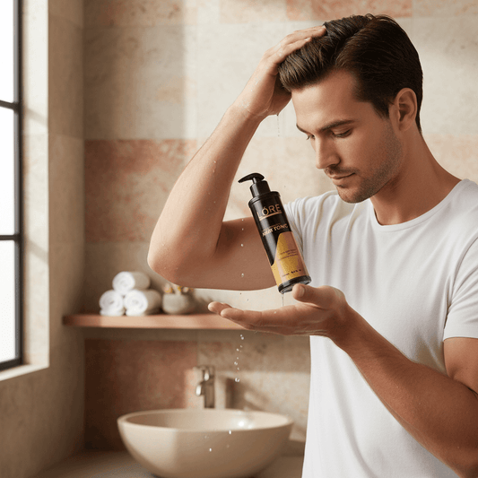 Alalore Saç Toniği Kepek Karşı Etkili ürünü ile saçına bakım yapan erkek