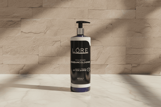 Alalore marka tıraş sonrası krem kolonyası siyah beyaz şişede beyaz mermer zemin üzerinde