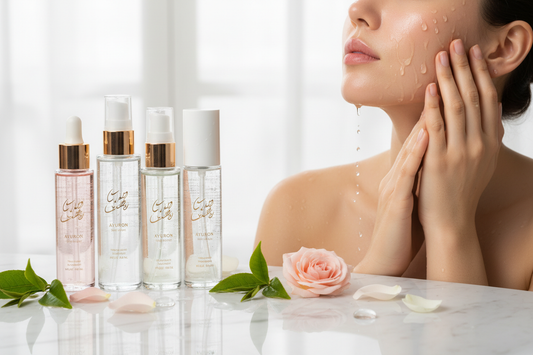 7 slin method için cilde nem uygulayan kadın ve masada Alalore nem serisi ürünleri