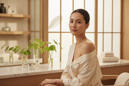 Centella asiatica özlü cilt bakım ürünleriyle doğal ve sağlıklı görünen pürüzsüz cilde sahip genç kadın