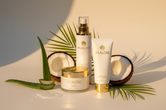 Alalore markalı güneş kremi ürünleri hindistan cevizi ve aloe yaprakları ile doğal içeriklerle birlikte