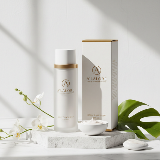 UvB uva koruması sağlayan A'lalore güneş kremi şişesi ve kutusu dekoratif bitki yaprakları yanında
