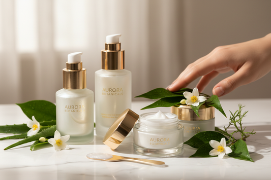 Postbiotik içeren cilt bakım ürünleri seti beyaz çiçekler ve yapraklarla beraber doğal ışıkta