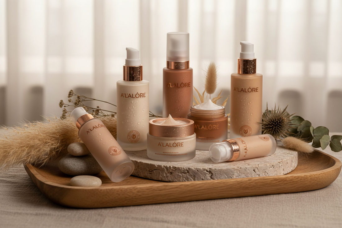 Kuru ciltler için fondöten önerileri içeren çeşitli fondöten ve kozmetik ürünleri şık düzenlemede