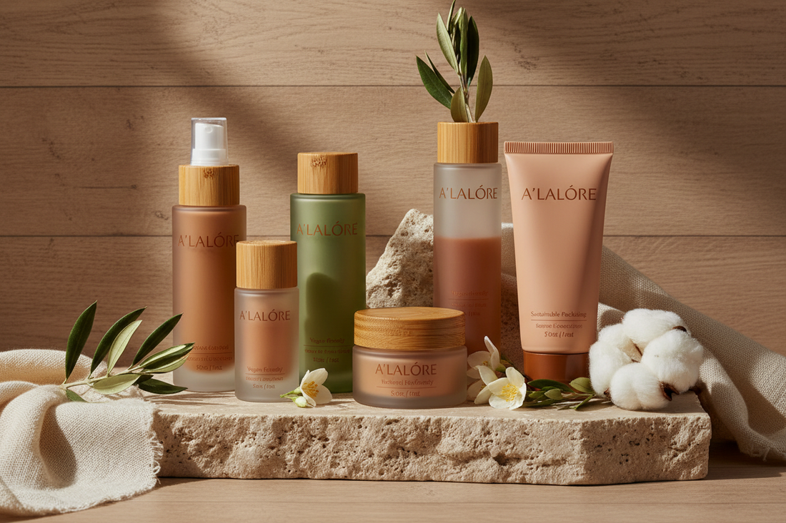 Doğal güneş koruyucu makyaj bazı içeren A'lalore markalı doğal cilt bakım ürünleri dizisi