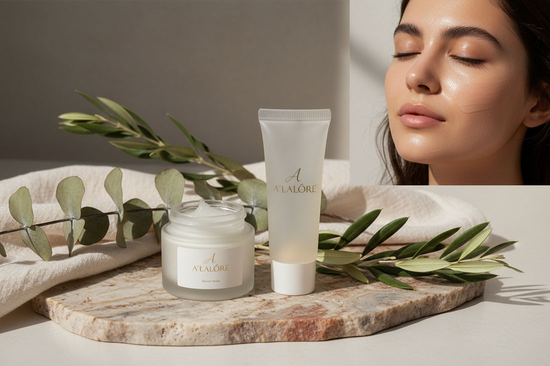 Slugging yöntemi nedir açıklaması ve cilt bakımı için kullanılan nemlendirici ürünler ile yüzü parlak ve sağlıklı görünümlü kadın