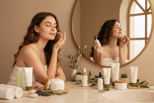 Cilt tipine göre fondöten seçimi yapan genç kadın, doğal makyaj ürünleriyle banyoda aynanın önünde