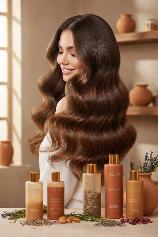 Yaz aylarında saç bakımı önerileri için parlak ve sağlıklı uzun kahverengi dalgalı saç modeli ve saç bakım ürünleri