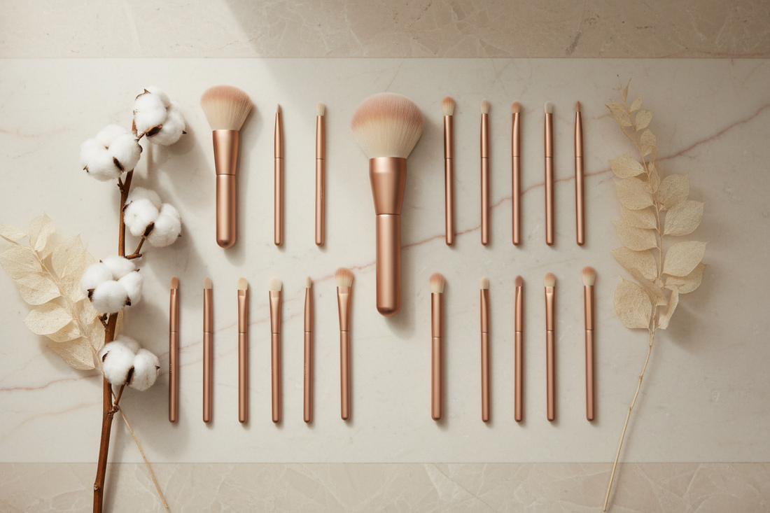 Farklı boyutlarda makyaj fırçalarının düzenli dizilişi ve hangi makyaj fırçası ne için kullanılır konusu