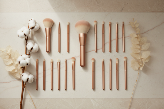 Farklı boyutlarda makyaj fırçalarının düzenli dizilişi ve hangi makyaj fırçası ne için kullanılır konusu