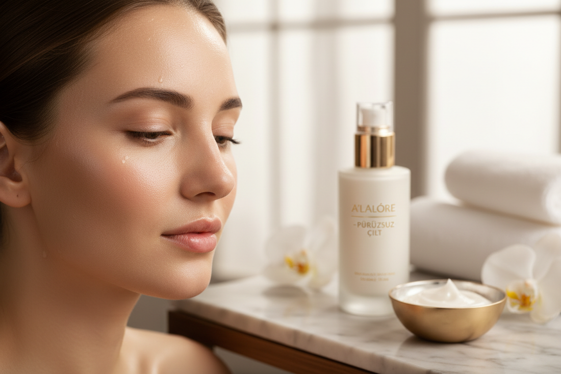 Retinol retinoid içeren cilt bakım ürünü ve genç kadının sağlıklı parlak cildi