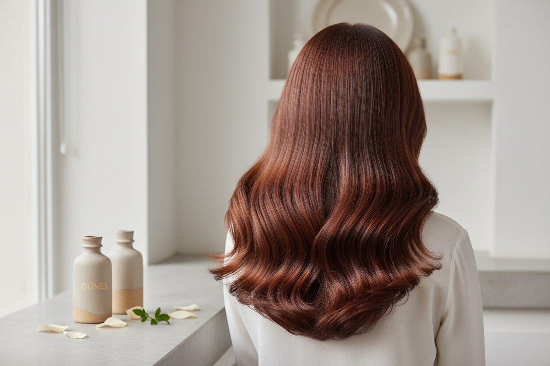 Parlak ve sağlıklı saçlar saç derisi bakımının önemini gösteren kahverengi dalgalı uzun saç modeli