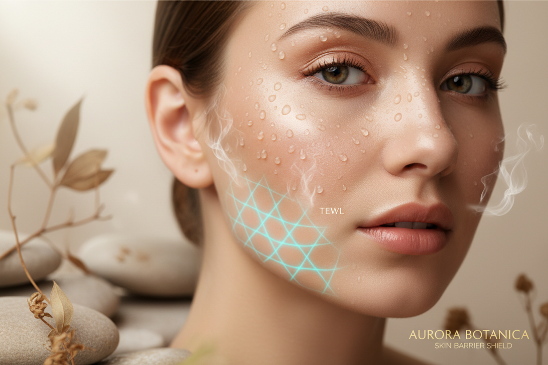 Transepidermal su kaybı nedir açıklayan, yüzünde nem damlaları ve cilt bariyeri koruması gösteren kadın