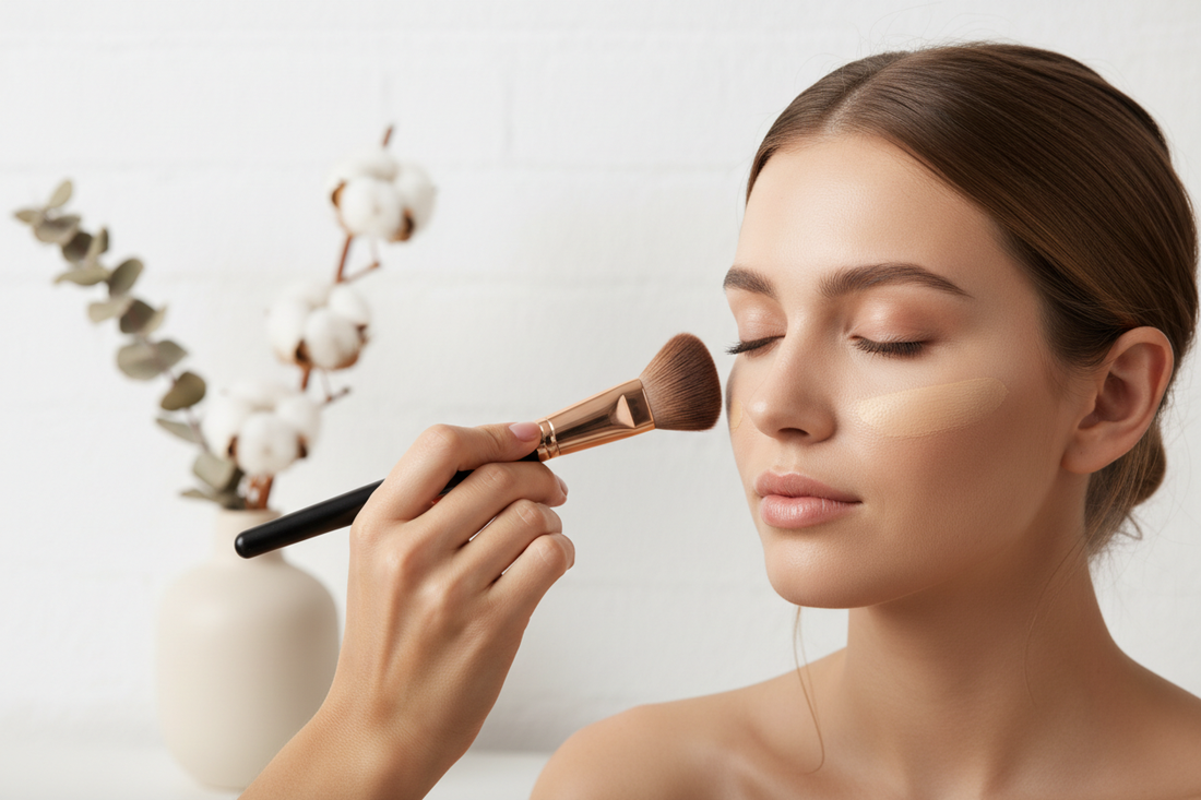Yağlı ciltler için fondöten önerileri kapsamında makyaj fırçasıyla fondöten uygulayan genç kadın