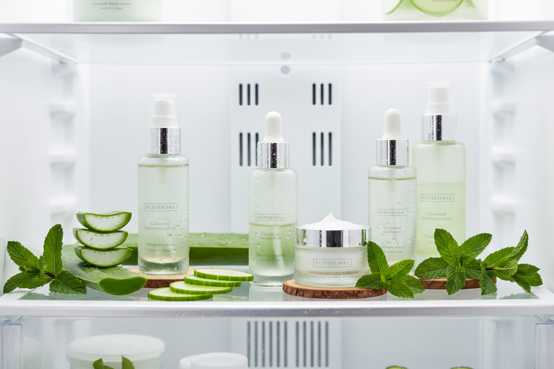 Cilt bakım ürünleri buzdolabında saklanır mı sorusuna örnek doğal aloe vera ve yeşil bitkilerle dolu buzdolabı içi