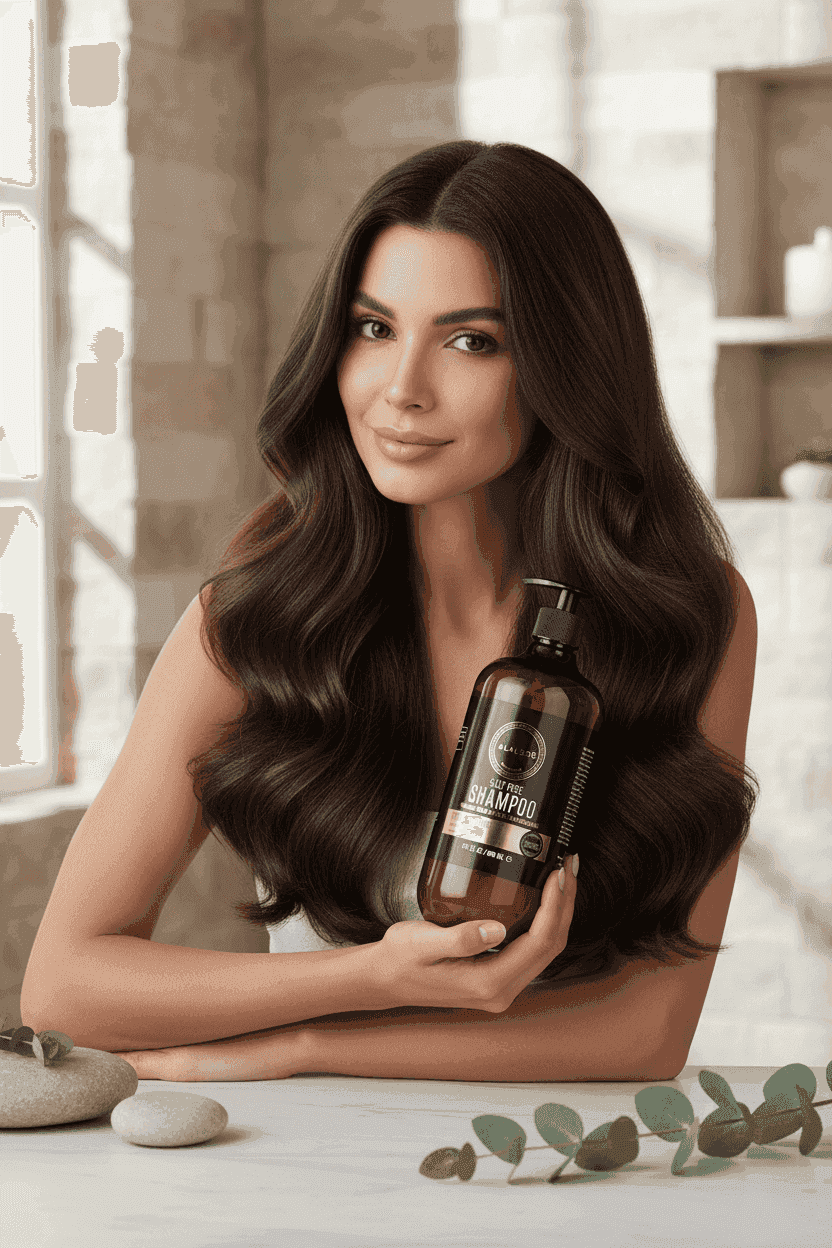 Alalore markalı tuzsuz şampuan keratinli, uzun ve parlak saçlara sahip kadın tarafından tutuluyor