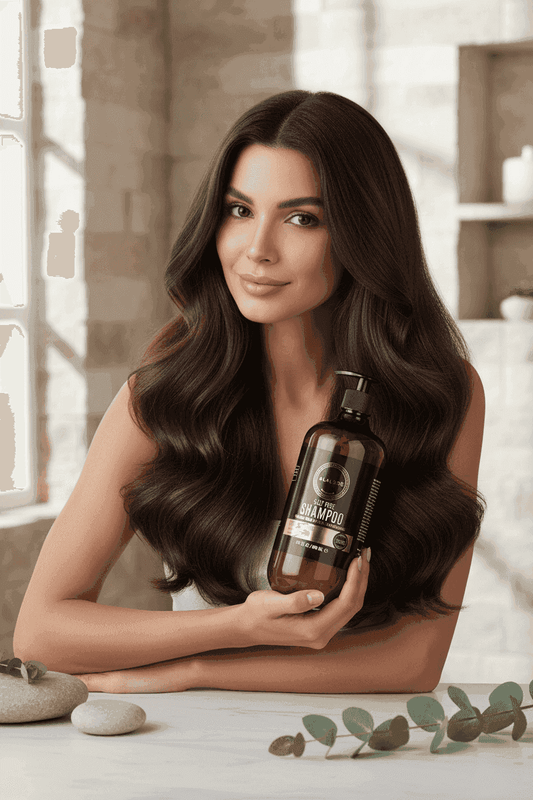 Alalore markalı tuzsuz şampuan keratinli, uzun ve parlak saçlara sahip kadın tarafından tutuluyor
